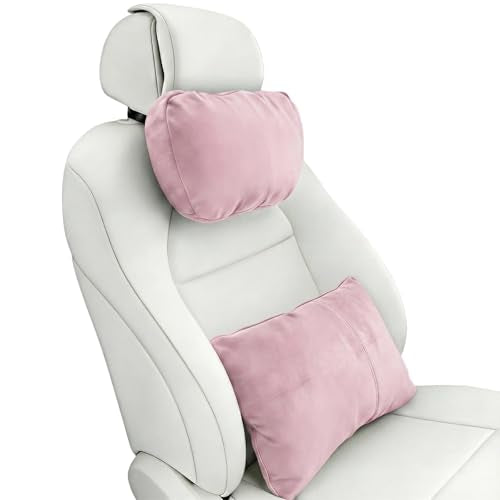 2PCS Car Pillow for Car Neck Pillow for Driving Seat Neck Support Soft Cushion Back Support Head-Rests for Vehicle Sleeping with Elastic Adjustment Strap (Light Pink, Head and Lumbar) - color: Light Pink, size: Head and Lumbar