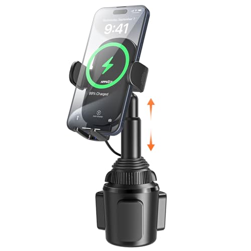 APPS2Car 15W Qi Wireless Car Charger Solid Cup Holder Mount, Adjustable Long Arm & 360° Rotation, Fits 3"–4" Round Cup Holders, Works with Cases ≤ 4 mm (No Metal Attachments) - color: Upgraded Wireless Charger