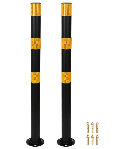 2 Pack Safety Bollard (32 inch) with Reflective Bands – Heavy-Duty Steel Parking Post, 2 inch Diameter, Includes Anchor Bolts, Black/Yellow - color: Black-2 Pack