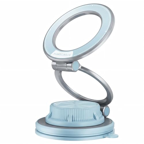 Magnetic Car Phone Mount, 0.83" Ultra-Slim Foldable Holder, [Vacuum Suction & Adhesive Pad] for Textured Dashboard/Windshield, 3-Joint Metal MagSafe Mount for iPhone 17 Pro Max/Pixel (Blue) - color: Blue