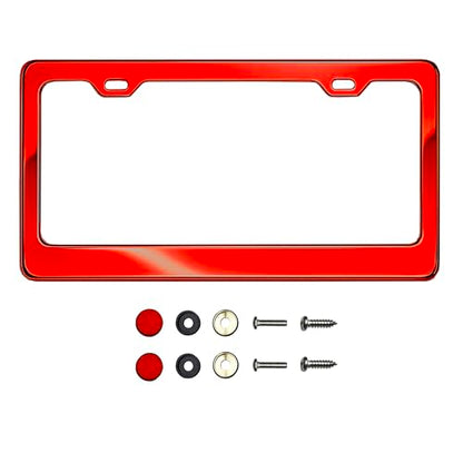T304 Stainless Steel License Plate Frame – 8K Mirror Polish Finish, Rust-Resistant, Slim Design, Universal Fit, Includes Screw Caps, Washers & Stainless Steel Screws (Candy Red) - color: Candy Red