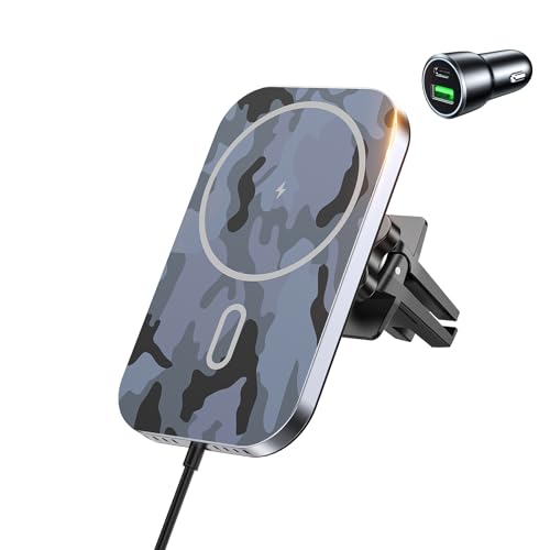 Mukiya for MagSafe Car Mount Charger with Adapter, 360° Rotation Magnetic Wireless iPhone Car Charger for Air Vent, Compatible with iPhone 17/16/15/14/13/12 Series (Multi-Gray) - color: Gray