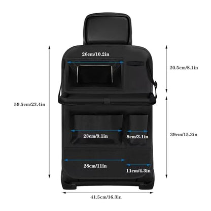Car backseat organizer,with tablet holder, 6 storage pockets, foldable food tray, car seat back protectors kick mats, travel accessories, black (2)