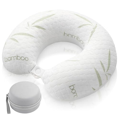 Bamboo Memory Foam Travel Pillow Set for Airplanes Head Support Neck Pillow for Sleeping Travel Headrest for Cars Planes Machine Washable Cover