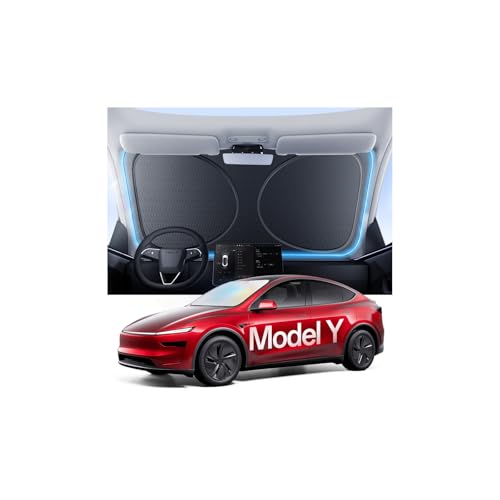 Windshield Sun Shade for Tesla Model Y 2020-2026 (Juniper), 100% UV Block & Heat Insulation, Custom Fit Sunshade, Foldable Car Sunshade with Storage Bag, Protect Interior Accessories - size: Model Y (2020-2026)