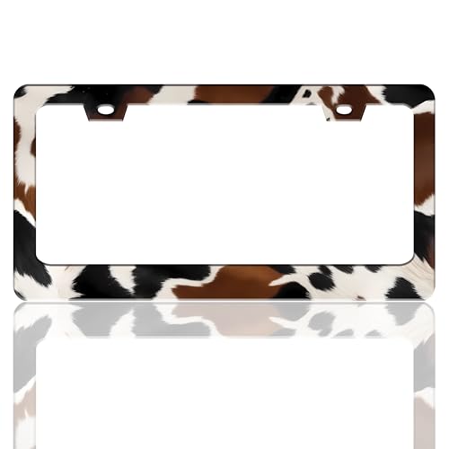 Cow Print License Plate Frame Brown Cow Spots Stainless Steel License Plate Holder for Front and Rear Car Tags Funny for Car Decoration Accessories with Screws 6.3 X 12.2 in for Women Men - color: Cow Print