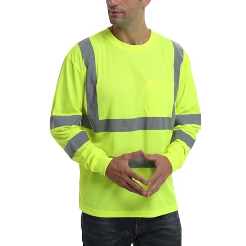 High Visibility Class 3 Shirts，Hi Vis Safety Long Sleeve Quick Dry Mesh Construction Work - color: Lime04, size: Large
