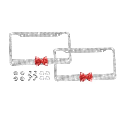 Bling Car License Plate Frame for Women, 2PCS Crystal Rhinestone Stainless Steel Vehicle Plate Holder, Glitter Diamond Sparkly Auto Plate Cover Accessories, Universal Fit (White/Red Bow) - color: White/Red Bow