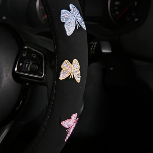 Embroidery Cute Steering Wheel Cover Stitched Butterfly Girly,Sweat Absorption,Universal 15 inch - color: Black