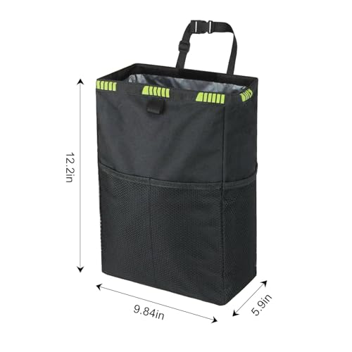 Hanging Car Trash Can with Lid and Storage Pockets Portable Leakproof Vehicle Trash Bag for Car Trips Commuters(Black)