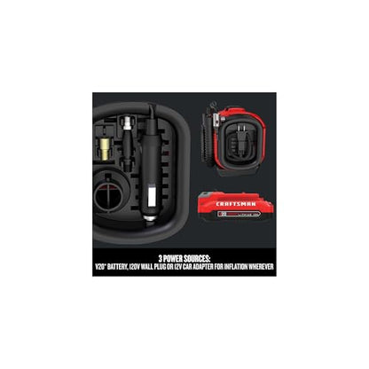 CRAFTSMAN V20 Tire Inflator Portable Air Compressor, Car Air Pump, 3 Modes Tire Pump: Cordless, 120V Corded, and 12V Car Adapter, Battery Sold Separately (CMCE520B)