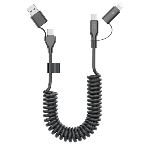 Coiled USB-C and Lightning Cable 2-in-1, 3FT iPhone 17 16 Car Charger Cord, 60W Fast Charging Cable for iPhone 15, Samsung Galaxy Supports Apple CarPlay & Android Auto (Black) - color: Black, size: Type C + Lightning