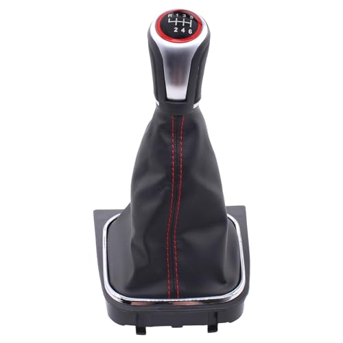 MOTOKU Black Leather with Red Stitching Gear Shifter Knob Boot Cover with 6 Speed Manual Shift Knob and Bracket Base Assembly for Volkswagen Jetta 2006-2014 GTI 2006-2013 Golf 2004-2013