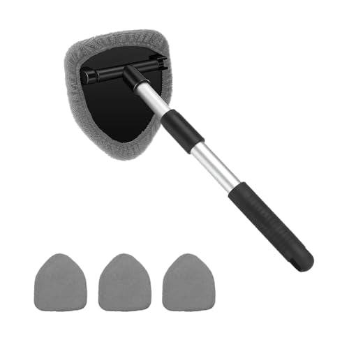 Car Windshield Cleaner Tool, Vehicle Window Detailing Cleaning Kit with Extendable Handle & 4 Washable Microfiber Pad, Auto Glass Wiper Cleaner for Exterior & Interior, Universal Fit (Gray) - color: Gray