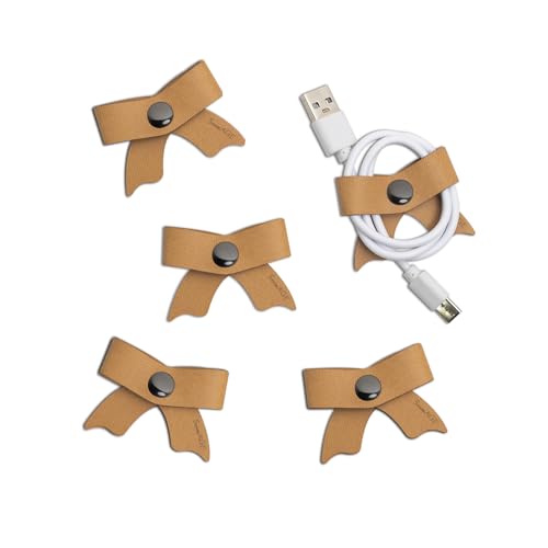 SenseAGE 5 Pack Cord Organizer, Bow Cord Keeper, Cable Organizer USB Holder, Leather Cable Management, Cable Straps, Earphone Winder, Storage Straps for Electronics, Earbuds (Camel Brown, Small) - color: Camel Brown, size: Small