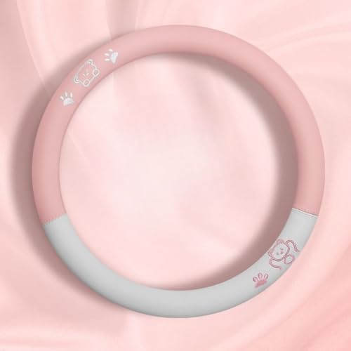 15 Inches Universal Round Leather Car Steering Wheel Cover, Cute Bear Soft Breathable Non-Slip Steering Wheel Protector Wrap (Pink-White) - color: Pink-White