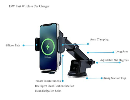 Wireless car Charger, 15W Qi Fast Charging Phone Mount for car Dashboard Windshield air Vent, auto clamp, Compatible with iPhone 13 12 11 Pro Max XR XS X Galaxy Note 20 S20 S21 S22, Black (JLM-02)