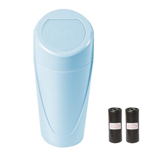 Hovom Mini Car Trash Can with Lid, Portable Garbage Can for Car, Leakproof Cup Holder Automotive Garbage Bin with 2 Rolls of Trash Bags, Small Trash Storage Can for Car Home Office(Light Blue) - color: Light Blue