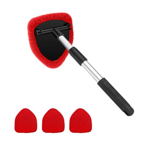Car Windshield Cleaner Tool, Vehicle Window Detailing Cleaning Kit with Extendable Handle & 4 Washable Microfiber Pad, Auto Glass Wiper Cleaner for Exterior & Interior, Universal Fit (Red) - color: Red