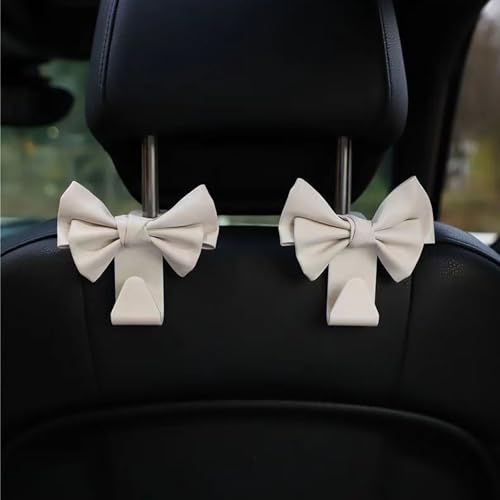 2PCS Purse Hook for Car,PU Leather Bow Car Hooks for Purses and Bags Cute of Car Decorations,Stylish Headrest Hooks for Car Interior Accessories (White) - color: White