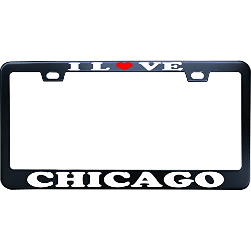 Funny License Plate Frame Personalized, Humor Car License Plate Frame Stainless Steel Metal, I Love Chicago Black, for Any US/CA Vehicle, 2Holes and Screws Caps - color: I Love Chicago