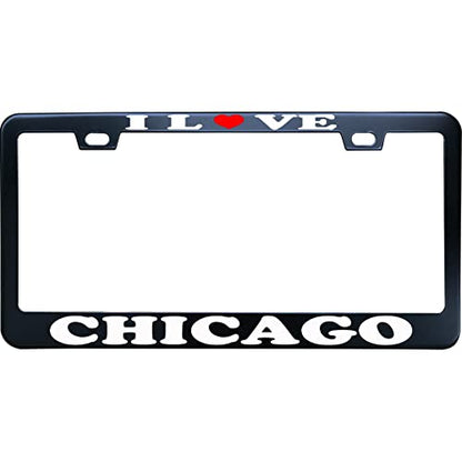 Funny License Plate Frame Personalized, Humor Car License Plate Frame Stainless Steel Metal, I Love Chicago Black, for Any US/CA Vehicle, 2Holes and Screws Caps - color: I Love Chicago