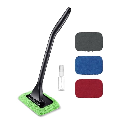 Car Windshield Cleaning Tool, Windshield Cleaner, Car Window Cleaner with 4 Washable and Reusable Cloth Pad & Long Handle, Car Accessories Auto Inside Glass Wiper Kit Universal for All Vehicles