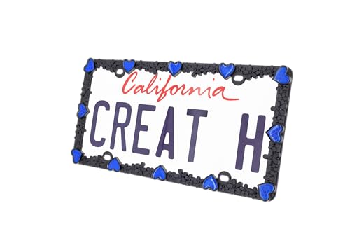 Creathome 3D Daisy Heart License Plate Frame from Pure Zinc Alloy Metal Perfect Plate Holder, Matt Black Daisy with Blue Reflective Heart - color: Matt Black with Blue Reflective Heart