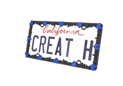 Creathome 3D Daisy Heart License Plate Frame from Pure Zinc Alloy Metal Perfect Plate Holder, Matt Black Daisy with Blue Reflective Heart - color: Matt Black with Blue Reflective Heart