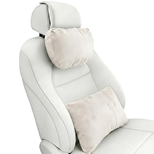 2PCS Car Pillow for Car Neck Pillow for Driving Seat Neck Support Soft Cushion Back Support Head-Rests for Vehicle Sleeping with Elastic Adjustment Strap (Beige, Head and Lumbar) - color: Beige, size: Head and Lumbar