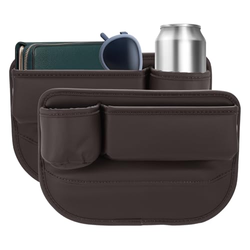 HARFINGTON 2pcs Car Seat Gap Filler Organizer 11.8 x 8.3 x 2.2 Inch PU Universal Car Organizer Storage Box Between Seat and Console (Left+Right) with Cup Holders for Phone Keys, Brown - color: Brown