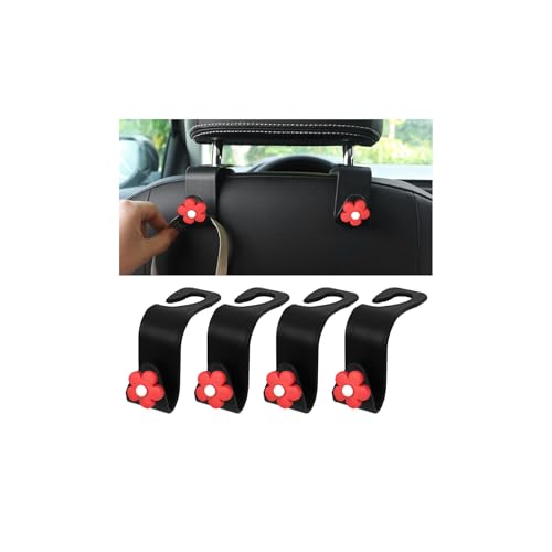 4 PCS Car Headrest Hook, Multifunctional Flower Vehicle Seat Back Storage Hook, Cute Automotive Seatback Organizer Hanger for Purse Grocery Bag Handbag, Universal Fit (Black/Red) - color: Black/Red