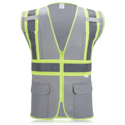 High Visibility Reflective Safety Vest with Zipper and Pockets Grey,M - color: Grey, size: Medium