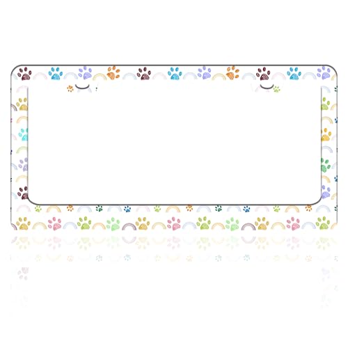 Colorful Cat and Dog Paw Prints License Plate Frame Stainless Steel License Plate Holder for Front or Rear Car Tags Funny for Car Decoration Accessories with Screws 6.3 X 12.2 in for Women Men - color: Cat And Dog Paw Prints