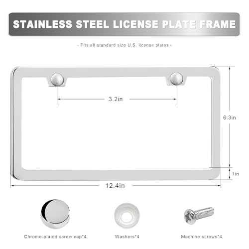 2PCS License Plate Frames, 2 Holes Rust-Proof Metal Car Tag Holder with Washers Screws Chrome Caps, Heavy Duty Stainless Steel Polished Frame for Front & Rear License Plates