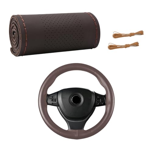 Wevdn Genuine Leather Steering Wheel Cover, Stitch on Wrap, DIY Sewing Steering Wheel Protector, 15 Inch Breathable Non-Slip Steering Wheel Protector, Car Accessories (Coffee, Middle Hole) - color: Coffee, size: Middle Hole