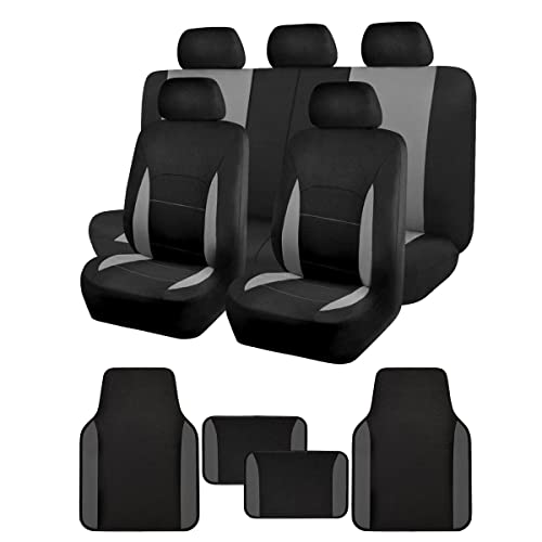 Flying Banner Car Seat Covers Front Seats Rear Bench Polyester car seat Protectors Easy installations Rear Bench Split Classic Man Lady Truck (Full Set - Low Back - Combo Pack, Black Gray) - color: SC& Floor Mats Black Gray