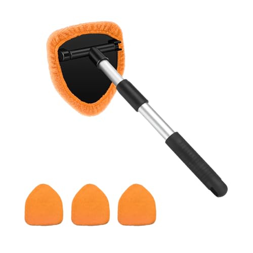 Car Windshield Cleaner Tool, Vehicle Window Detailing Cleaning Kit with Extendable Handle & 4 Washable Microfiber Pad, Auto Glass Wiper Cleaner for Exterior & Interior, Universal Fit (Orange) - color: Orange