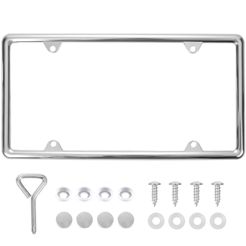 Chrome License Plate Frame Made of Zinc Alloy Metal, Universal Car Accessories,1 Pack License Plate Holder Never Rust and Unbreakable with Metal Screws, Chrome Caps and Screwdriver - color: 1 PCS