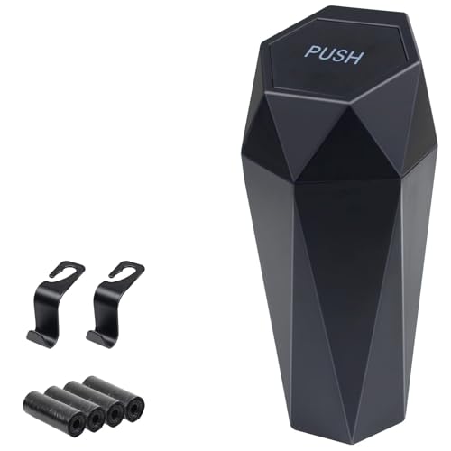 BFXM Car Trash Can, Car Trash Bin with Lid, Car Accessories for Women Interior, Car Garbage Can with Additional 2 ABS Hooks and 60pcs Trash Bags, Suitable for Home, Office, Car Organizer, Black - color: BLACK 1PC