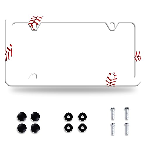 Baseball Texture Pattern License Plate Frame Funny Sport Balls License Plate Stainless Steel Beautiful Auto Parts Colorful License Plate Decoration Holes Screws Size 12.3" x 6.3" - color: Baseball Ball Lace Print