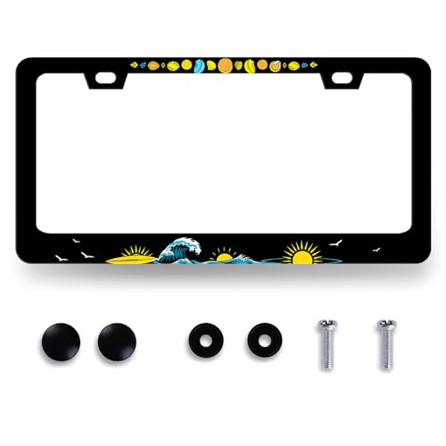 Sun Ocean Waves License Plate Frame Hawaii License Plate Holders Sea Wave Funny Stainless Steel Car Bracket 2 Holes with Screws Universal Auto Accessory License Plate Frames 6.2x12.2 Inch - color: Funny Sun and Ocean Wave