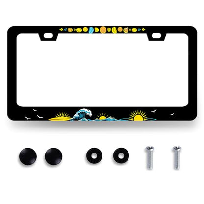 Sun Ocean Waves License Plate Frame Hawaii License Plate Holders Sea Wave Funny Stainless Steel Car Bracket 2 Holes with Screws Universal Auto Accessory License Plate Frames 6.2x12.2 Inch - color: Funny Sun and Ocean Wave