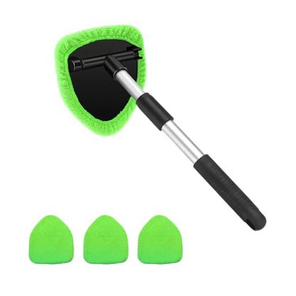 Car Windshield Cleaner Tool, Vehicle Window Detailing Cleaning Kit with Extendable Handle & 4 Washable Microfiber Pad, Auto Glass Wiper Cleaner for Exterior & Interior, Universal Fit (Green) - color: Green