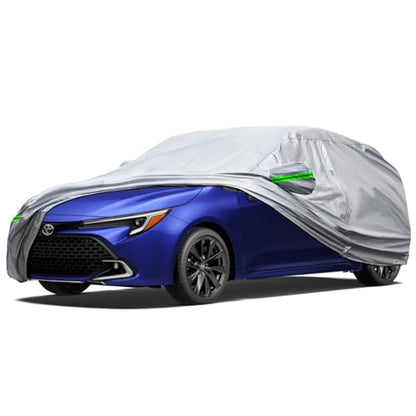 KEYOOG 6-Layer Full Car Cover is All-Weather Waterproof, All Seasons, Snow Prevention Rainproof, Acid Rainproof, Sunscreen, Ultraviolet-Proof, Fits Hatchbacks up to 173 ", Green Reflective Strip - color: Green reflective strip, size: 17/ H-S For Hatchback