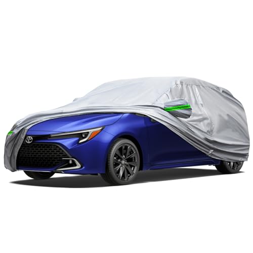 KEYOOG 6-Layer Full Car Cover is All-Weather Waterproof, All Seasons, Snow Prevention Rainproof, Acid Rainproof, Sunscreen, Ultraviolet-Proof, Fits Hatchbacks up to 173 ", Green Reflective Strip - color: Green reflective strip, size: 17/ H-S For Hatchback