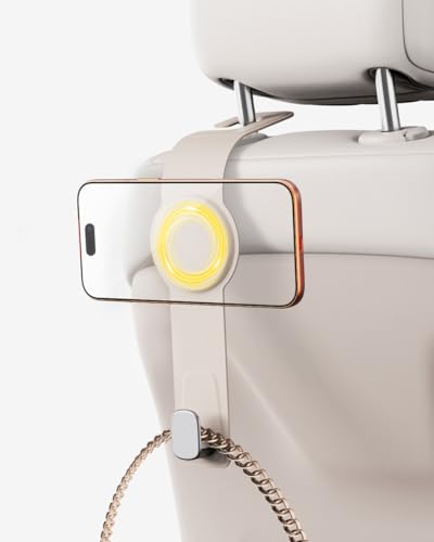 Car Headrest Hook with Swivel Magnet Phone Holder for Magsafe, 2-in-1 Double Hooks Hanger for Purse Bag, 360° Rotating Hands-Free Car Accessories for Handbag Coat Umbrella(1 Pack Milkshake White)