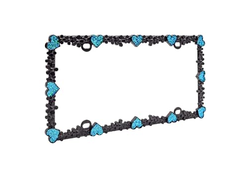 Creathome 3D Shining Daisy Heart License Plate Frame from Pure Zinc Alloy Metal Perfect Plate Holder, Matt Black with Blue Glitter, Luminously Heart - color: Matt Black with Blue Glitter, Luminously Heart