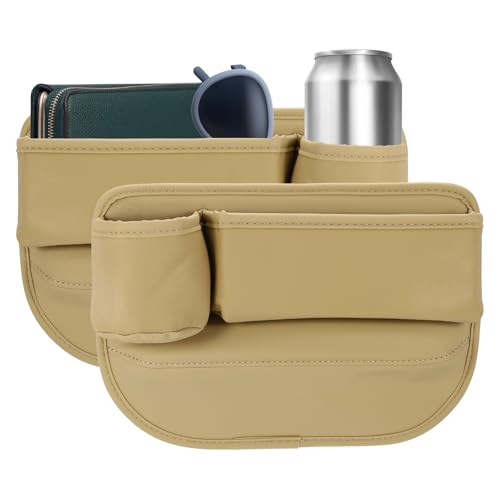 HARFINGTON 2pcs Car Seat Gap Filler Organizer 11.8 x 8.3 x 2.2 Inch PU Universal Car Organizer Storage Box Between Seat and Console (Left+Right) with Cup Holders for Phone Keys, Beige - color: Beige