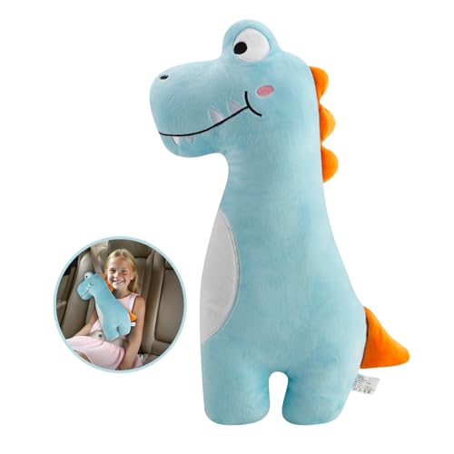 PandaEar Car Seat Belt Covers for Kids - Ultra Soft Machine Washable Dinosaur Seatbelt Pillow - Universal Shoulder Pad for Car Seats, Booster Seats & Strollers - Neck & Head Support for Travel (Blue)